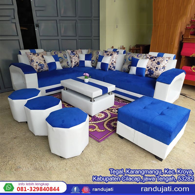 SOFA SUDUT PUK BERANAK 3 BIRU-PUTIH